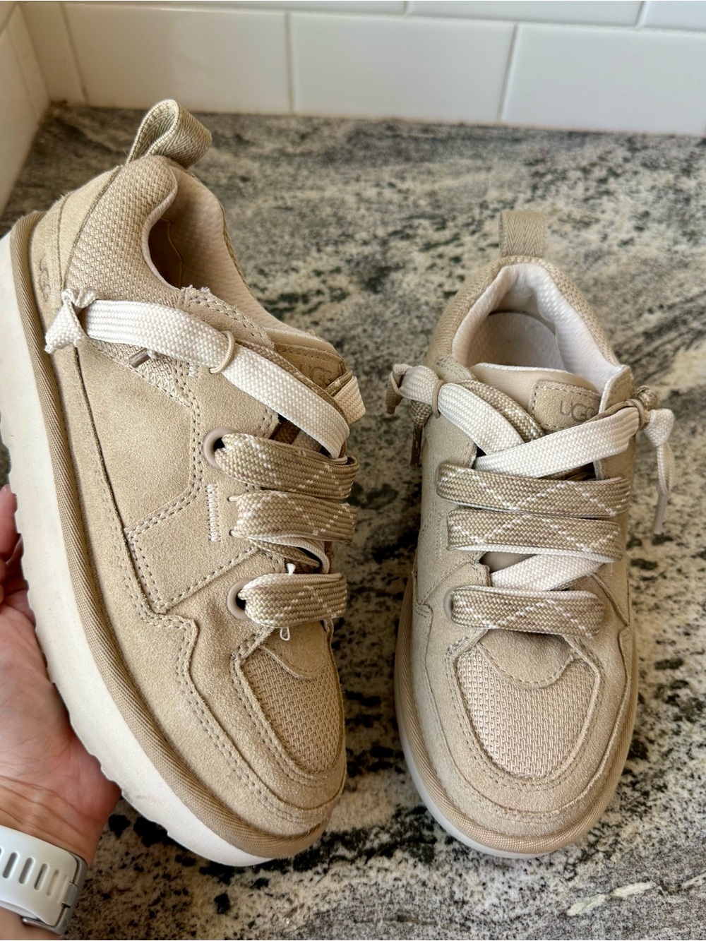 UGG Women’s Lowmel Sneaker in Sand suede. Size 8. Worn once!